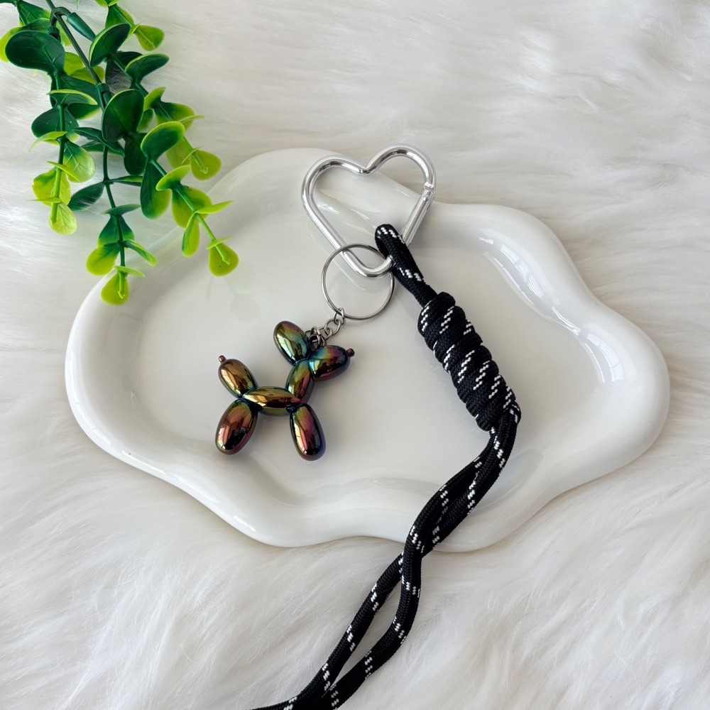 Black Iridescent Balloon Dog Keychain/ Bag Charm with Braided Lanyard